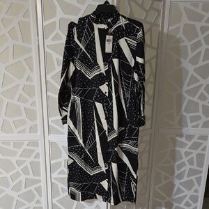 Ralph Lauren Black Cream Shirt Shirtdress Geometric Pattern Dress Midi 10P Nwt